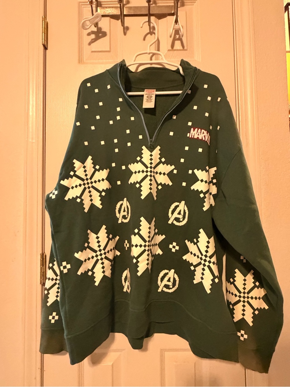 Marvel Green Quarter-Zip Sweater with White Snowflake & Avengers Motifs
